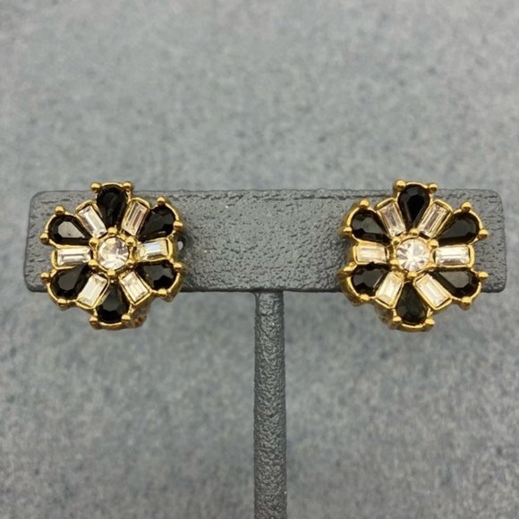 1928 Clip On Earrings Black Gold Rhinestone Star Flower Asterisk Vintage Retro - Picture 1 of 7